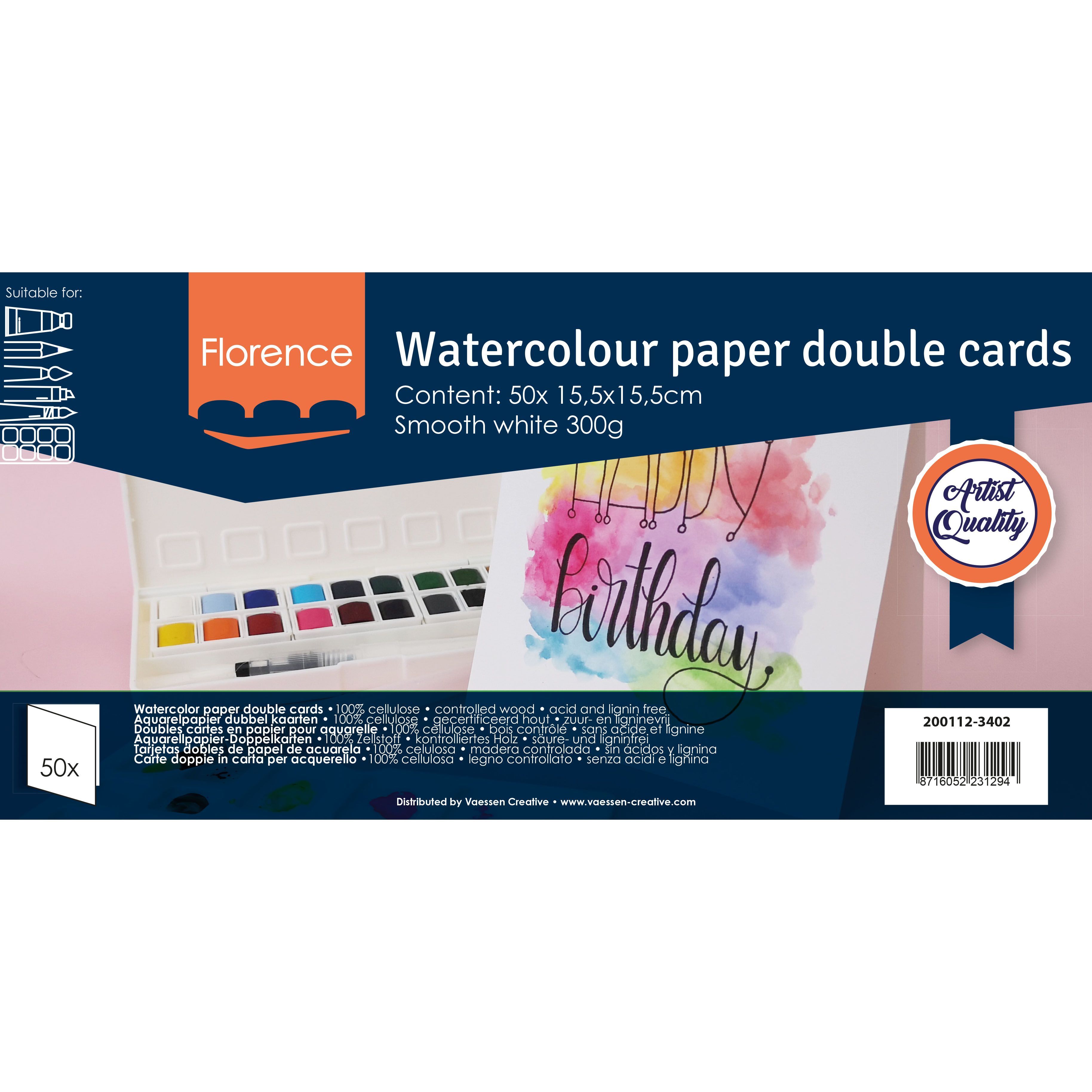 Vaessen Creative Florence watercolor paper double cards - 50x 15.5x15.5cm smooth white 300gr
