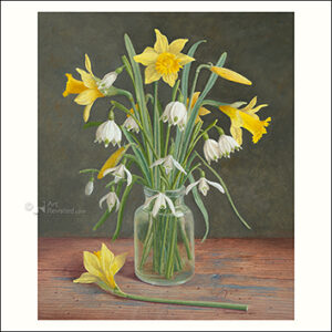 Wenskaart Maarten 't Hart - Voorjaarsboeketje, wilde narcissen, lenteklokjes en sneeuwklokjes - 15 x 15