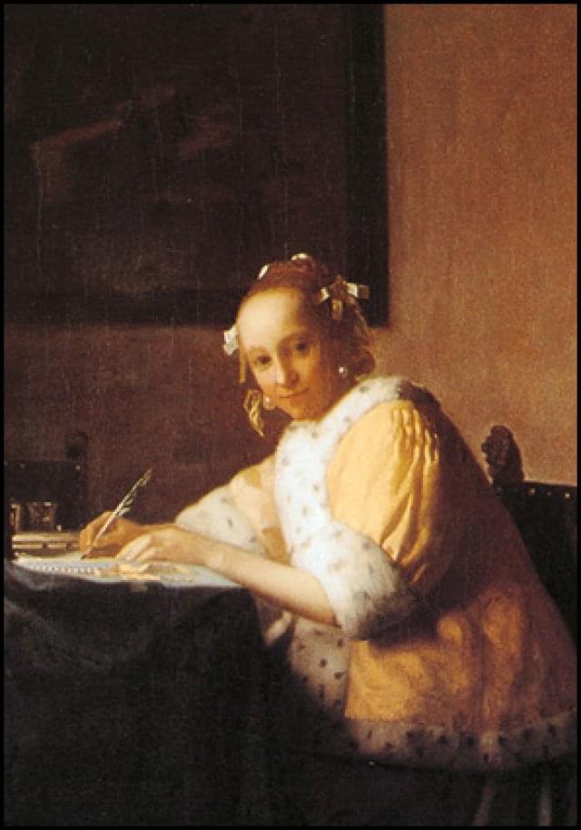 Ansichtkaart PC1061 - Schrijvend meisje in het geel, ca. 1665, Johannes Vermeer