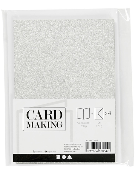 Card making – set 4 kaarten met enveloppe – A6 zilver glitter