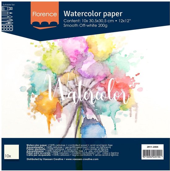 Vaessen Creative Florence watercolor paper – 30.5x30.5cm 200gr smooth off-white