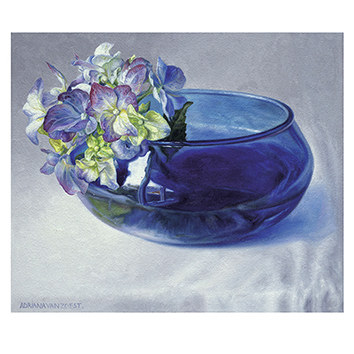 Wenskaart Adriana van Zoest - Hortensia in blauwe kom - 15 x 15