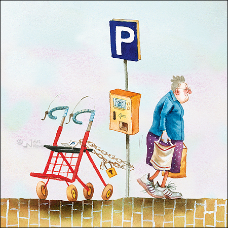 Wenskaart blic Marius van Dokkum - rolator parkeren - 12 x 12