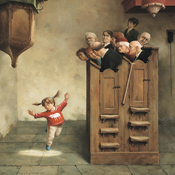 Wenskaart Marius van Dokkum - Dansje in de kerk - 10x10