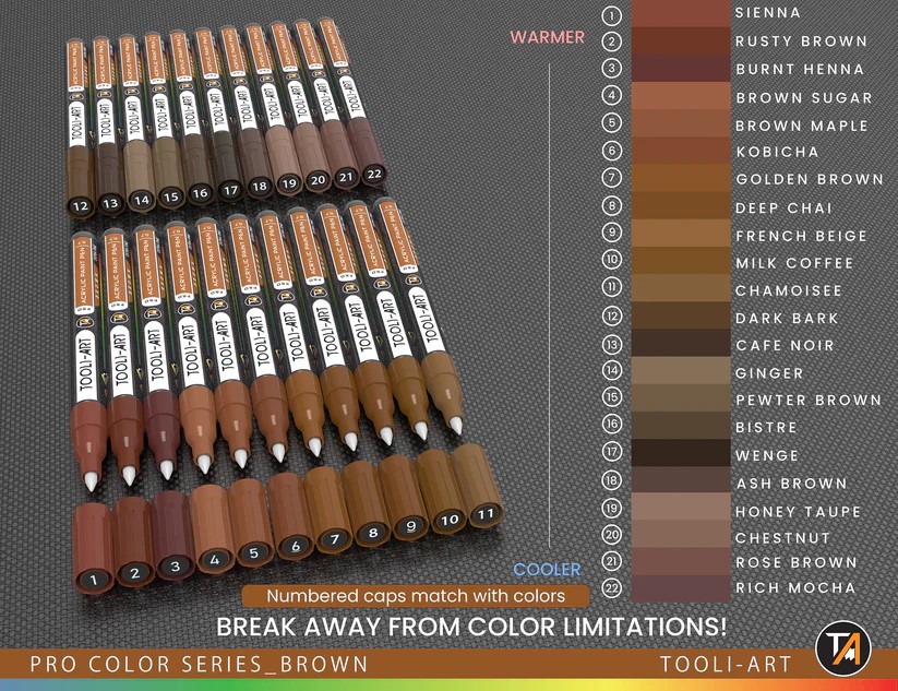 Tooli-art acrylstiften - set 22 bruin